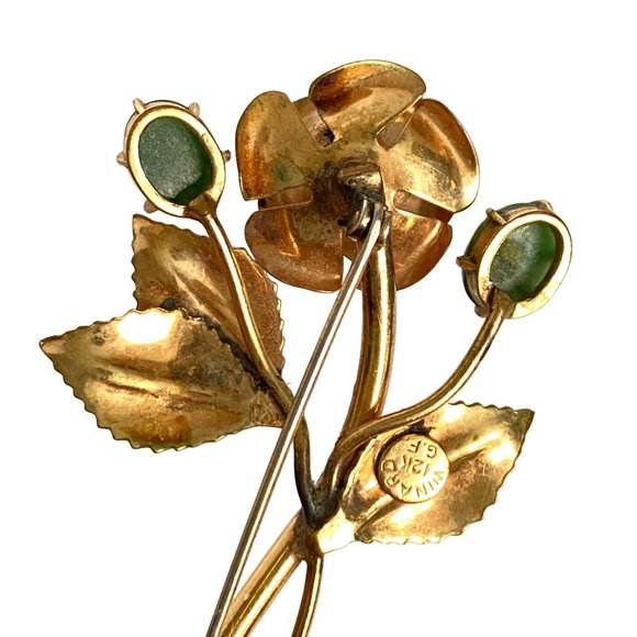1940s Winard 12K GF Rose Flower Green Glass Stones Brooch Gold Tone 2.5in - Picture 7 of 13